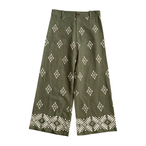 Zara Women's Size M Embroidered Viscose Linen Blend Wide Leg Cropped Green Pants - Picture 1 of 7